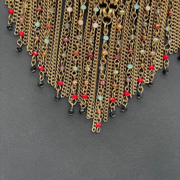 Multicolor Beaded Fringe Chain Choker Statement Necklace Gold Tone Wedding Guest - Picture 4 of 6